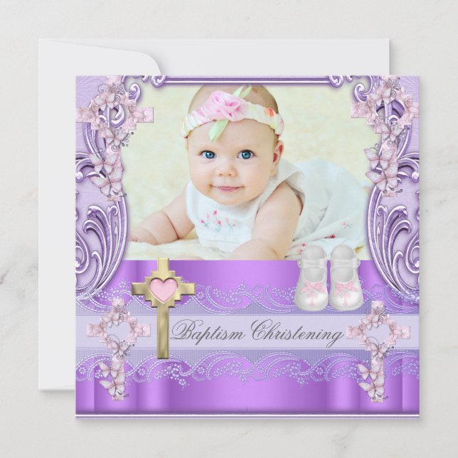 Baptism Pink Purple Cross Girl Photo Christening Invitation (Front)