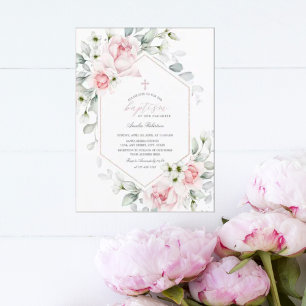 Baptism Pink Roses Floral Watercolor Invitation