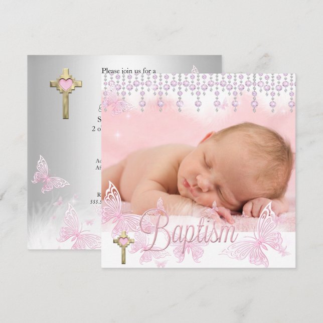 Baptism Pink Silver Butterfly Cross Invitation (Front/Back)