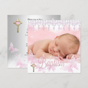 Baptism Pink Silver Butterfly Cross Invitation