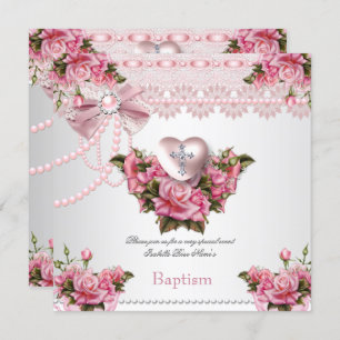 Baptism Pink Silver Heart Cross Girl Rose 5 Invitation