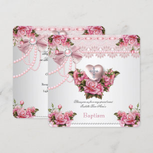 Baptism Pink Silver Heart Cross Girl Rose 5 Invitation