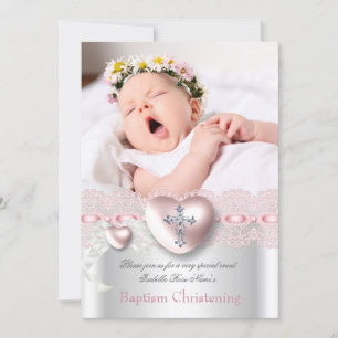 Baptism Pink Silver Photo Heart Cross Girl Invitation