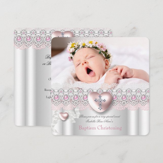 Baptism Pink Silver Photo Heart Cross Girl Pearl Invitation (Front/Back)