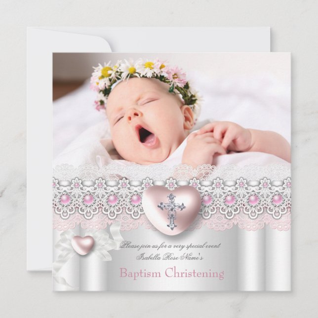 Baptism Pink Silver Photo Heart Cross Girl Pearl Invitation (Front)