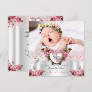 Baptism Pink Silver Photo Heart Cross Girl Rose 2 Invitation