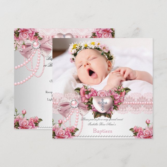 Baptism Pink Silver Photo Heart Cross Girl Rose 4 Invitation (Front/Back)