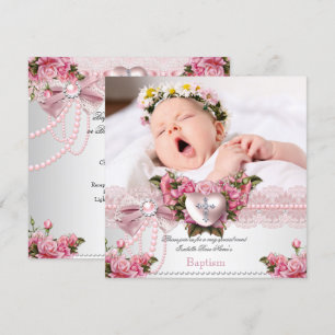 Baptism Pink Silver Photo Heart Cross Girl Rose 4 Invitation