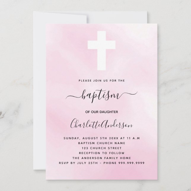 Baptism pink sky girl cross minimalist modern invitation (Front)