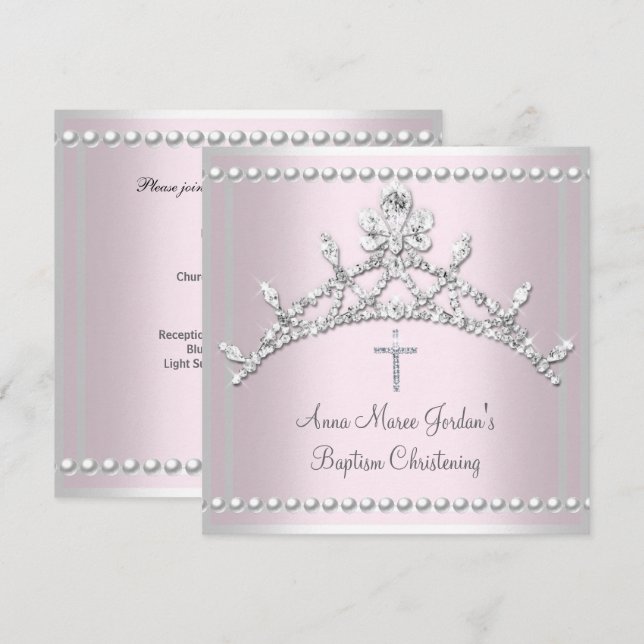 Baptism Pink Tiara Silver White Pearl Diamond Invitation (Front/Back)