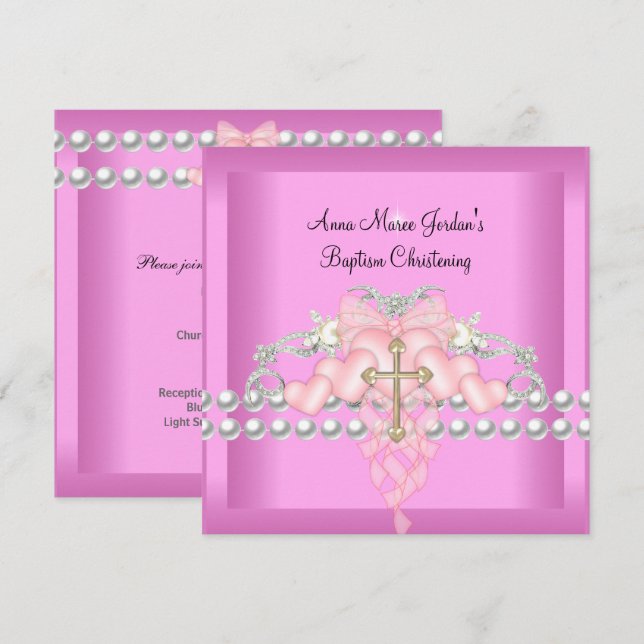 Baptism Pink Tiara Silver White Pearl Diamond Invitation (Front/Back)