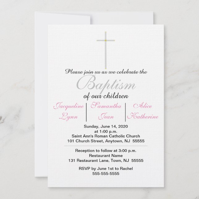 Baptism Pink Triplets Invitation (Front)