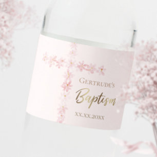 Baptism pink watercolor cross water bottle label
