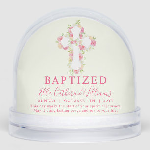 Baptism Pink Watercolor Floral Cross Custom Snowglobe