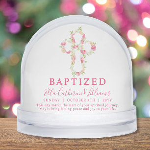 Baptism Pink Watercolor Floral Cross Custom  Snowglobe