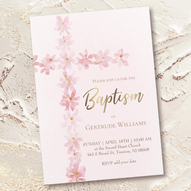 Baptism pink watercolor floral cross  invitation (Creator Uploaded)