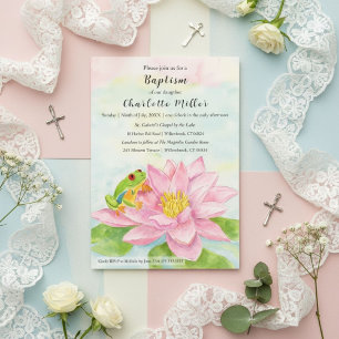 Baptism Pink Waterlily & Tree Frog Invitation