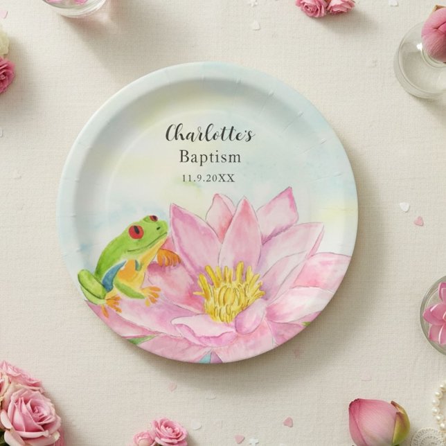 Baptism Pink Waterlily & Tree Frog Paper Plate (Creator Uploaded)