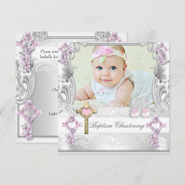 Baptism Pink White Cross Girl Photo Christening Invitation (Front/Back)