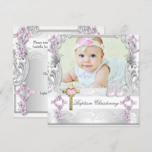 Baptism Pink White Cross Girl Photo Christening Invitation