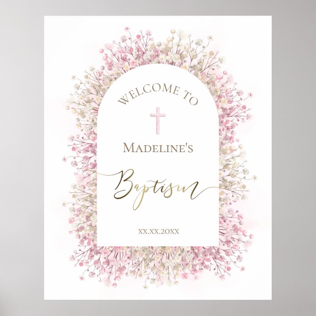 Baptism pink white floral welcome poster (Front)