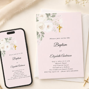 Baptism pink white florals girl invitation