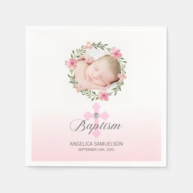 Baptism Pink White Girl Floral Cross | PHOTO Napkin (Front)