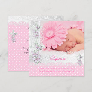 Baptism Pink White Lace Photo Butterfly Cross Girl Invitation