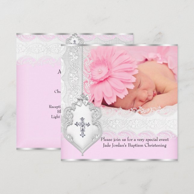 Baptism Pink White Lace Photo Jewel Cross Girl 3 Invitation (Front/Back)