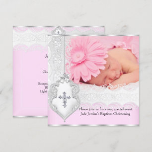 Baptism Pink White Lace Photo Jewel Cross Girl 3 Invitation