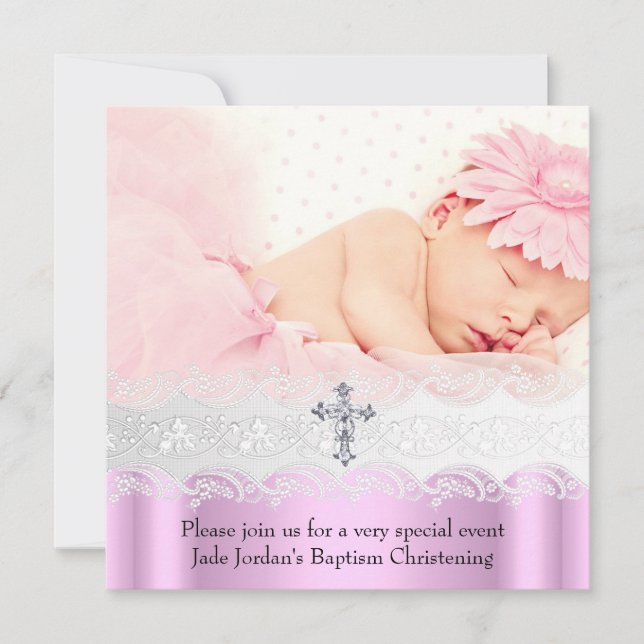 Baptism Pink White Lace Photo Jewel Cross Girl Invitation (Front)
