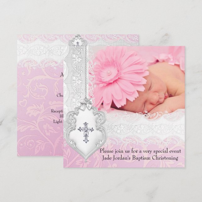 Baptism Pink White Lace Photo Jewel Cross Girl Invitation (Front/Back)