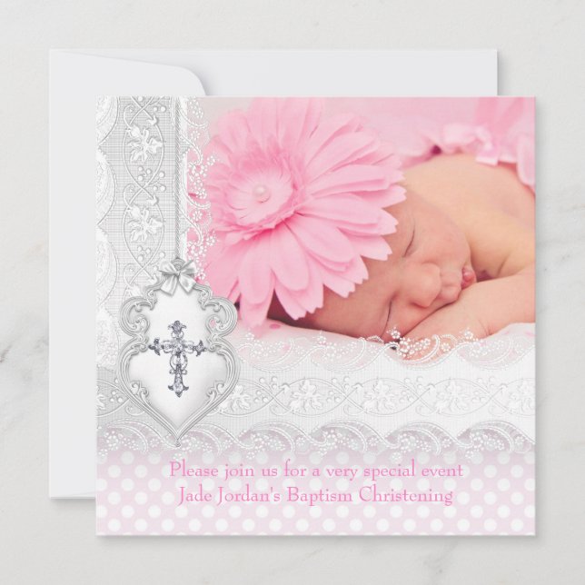 Baptism Pink White Lace Photo Jewel Cross Girl Invitation (Front)