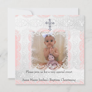 Baptism Pink White Lace Photo Jewel Cross Invitation