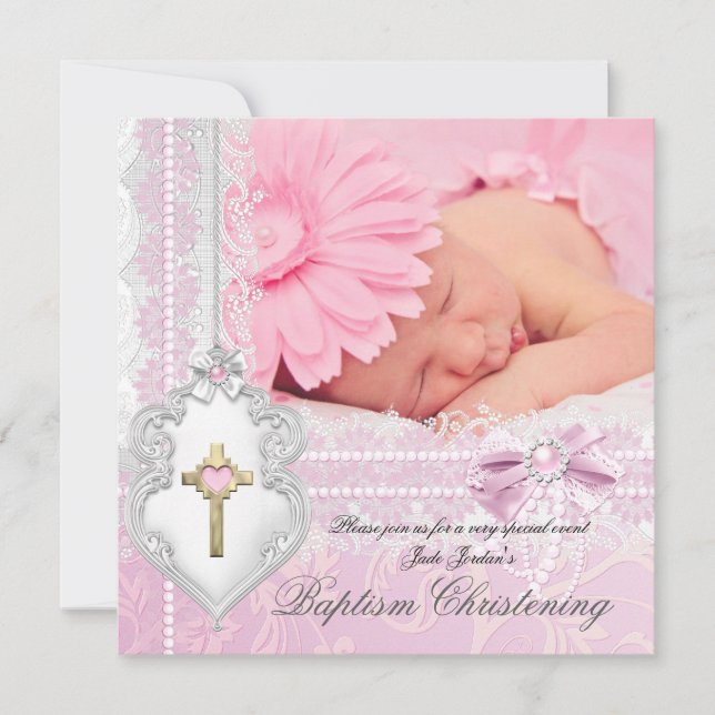 Baptism Pink White Lace Photo Pearl Cross Girl Invitation (Front)