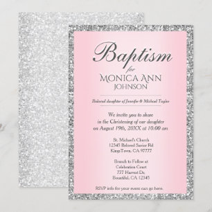 Baptism   Pink with Silver Faux Glitter Invitation