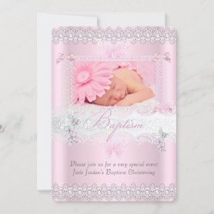 Baptism Pretty Pink Lace Photo Butterfly Girl Invitation