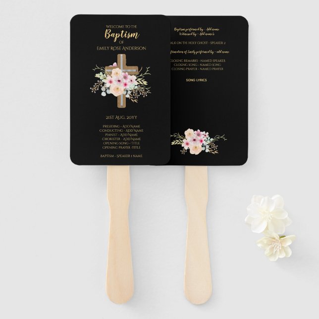 Baptism Program Fan - Floral Cross Black Gold (Front and Back)