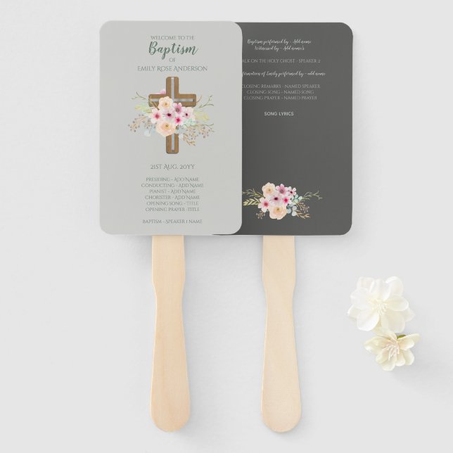 Baptism Program Fan - Floral Cross Grey (Front and Back)