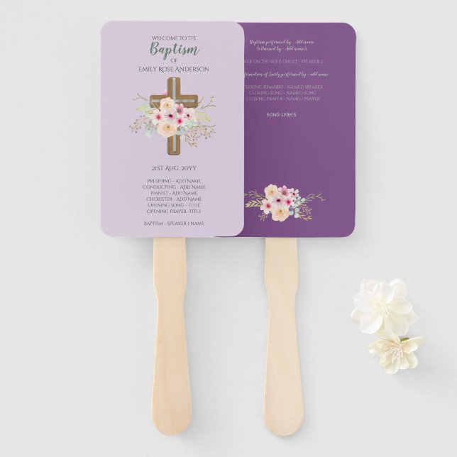 Baptism Program Fan - Floral Cross Purple Sage (Front and Back)