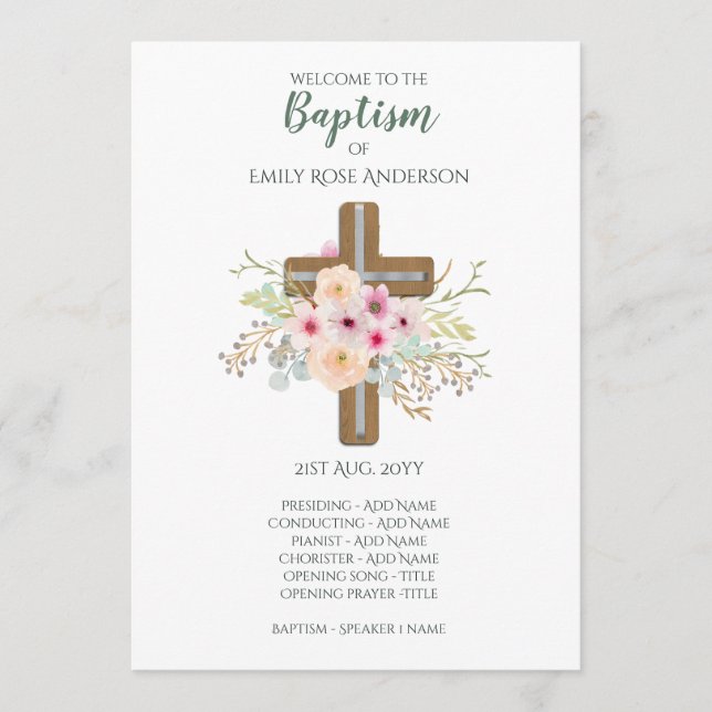 Baptism Program - Floral Cross - Boy or Girl Programme (Front)