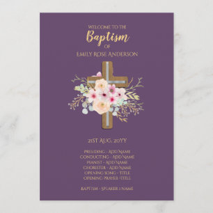 Baptism Program - Floral Cross Purple Gold Programme