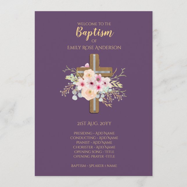 Baptism Program - Floral Cross Purple Gold Programme (Front)