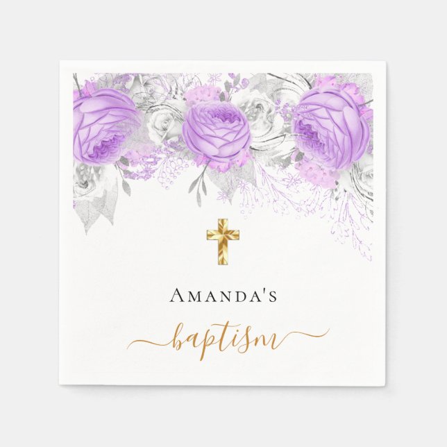 Baptism purple floral white elegant name girl napkin (Front)