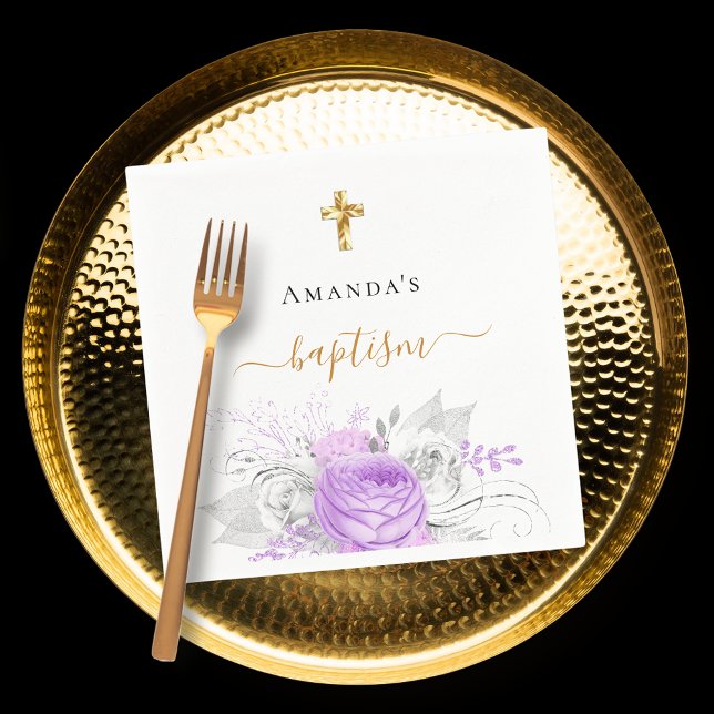 Baptism purple floral white elegant name girl napkin (Creator Uploaded)