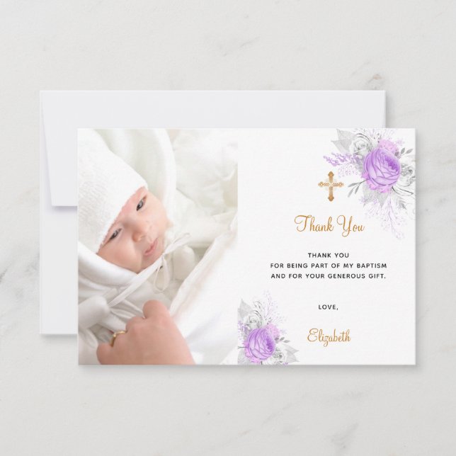 Baptism purple florals custom photo gold girl thank you card (Front)