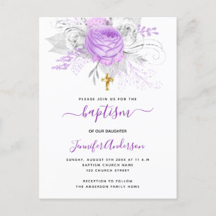 Baptism purple florals girl elegant white invitation postcard