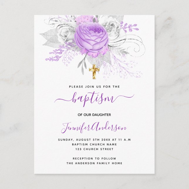 Baptism purple florals girl elegant white invitation postcard (Front)