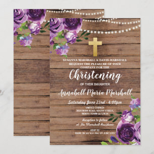 Baptism Purple Flowers Lights Christening Wood Invitation