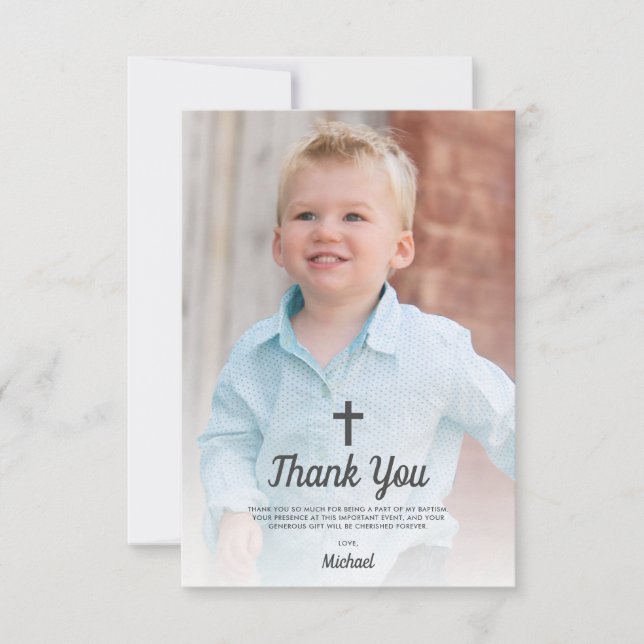 Baptism Religious Christening Boy Photo Thank You Card (Front)